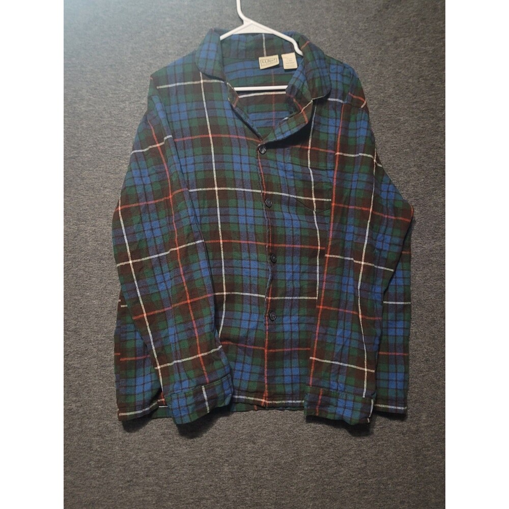 L.L Bean large regular flannel pajama top collar longsleeve plaid blue green